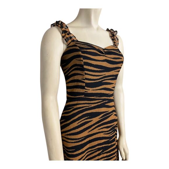 All in Favor Ruffle Straps Tiger Print Mini Dress Brown/Black Women's XS Party - Picture 4 of 9